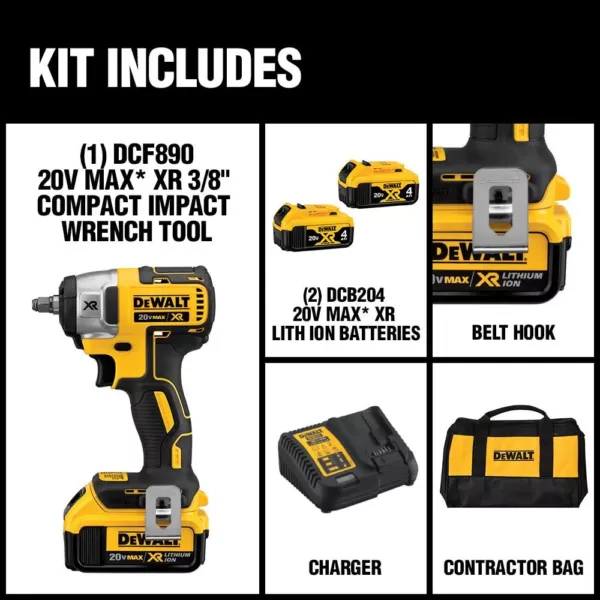 DEWALT 20-Volt MAX XR Cordless Brushless 3/8 in. Compact Impact Wrench with (2) 20-Volt 4.0Ah Batteries & Charger