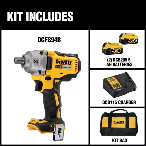 DEWALT 20-Volt MAX XR Cordless Brushless 1/2 in. Mid-Range Impact Wrench with Detent Pin Anvil, (2) 20-Volt 5.0Ah Batteries