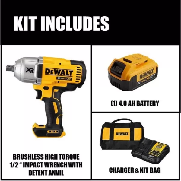 DEWALT 20-Volt MAX XR Cordless Brushless 1/2 in. High Torque Impact Wrench with Detent Pin Anvil, (1) 20-Volt 4.0Ah Battery