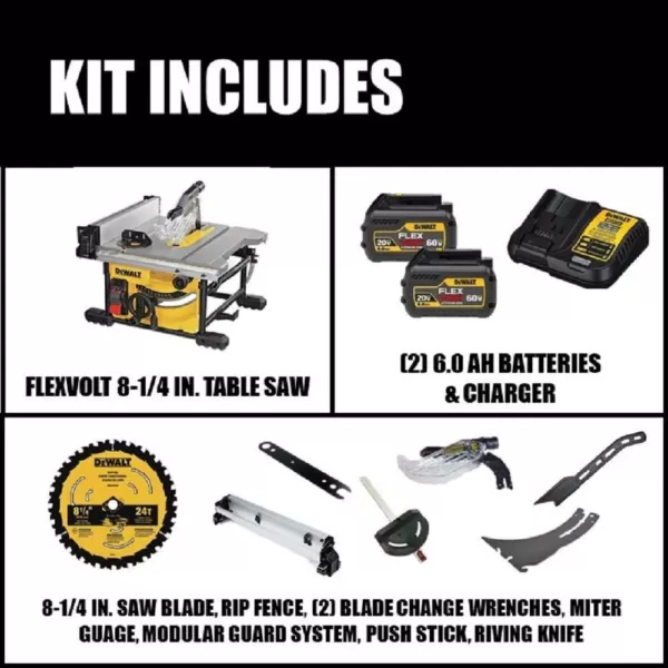 DEWALT FLEXVOLT 60-Volt MAX  Cordless Brushless 8-1/4 in. Table Saw Kit with (2) FLEXVOLT 6.0Ah Batteries