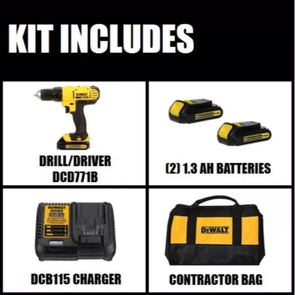 DEWALT 20-Volt MAX Cordless 1/2 in. Drill/Driver, (2) 20-Volt 1.3Ah Batteries, Charger & Bag