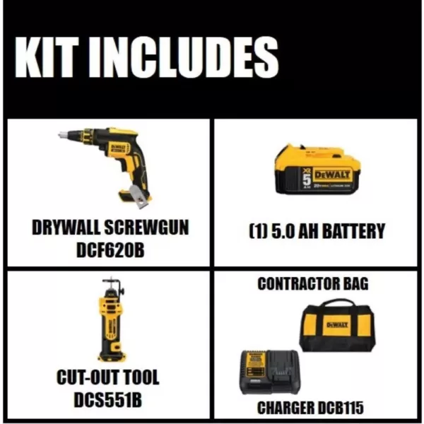 DEWALT 20-Volt MAX XR Cordless Brushless Drywall Screw Gun with (1) 20-Volt 5.0Ah Battery & Cut-Out Tool