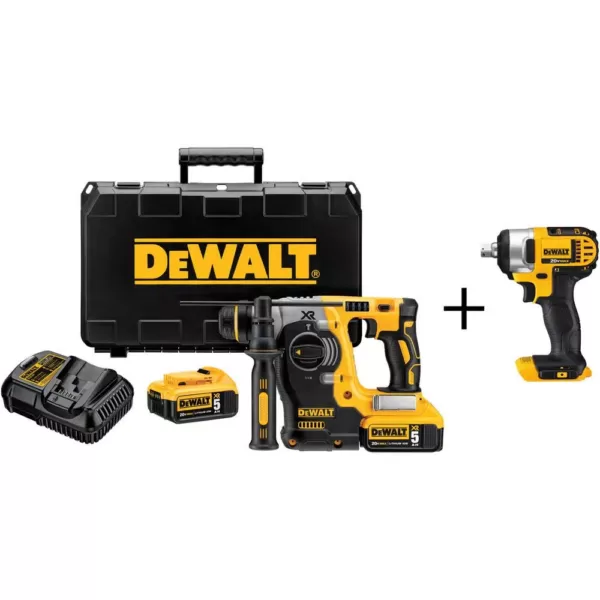 DEWALT 20-Volt MAX XR Brushless 1 in. SDS Plus L-Shape Rotary Hammer, (2) 20-Volt 5.0Ah Batteries & 1/2 in. Impact Wrench