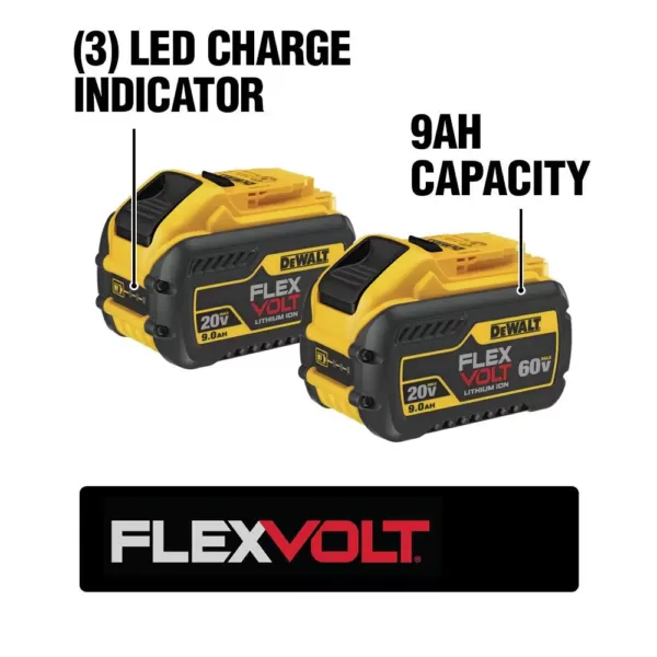 DEWALT FLEXVOLT 60-Volt MAX Brushless 1-7/8 in. SDS MAX Rotary Hammer, (2) FLEXVOLT 9.0Ah Batteries & 1/2 in. Impact Wrench