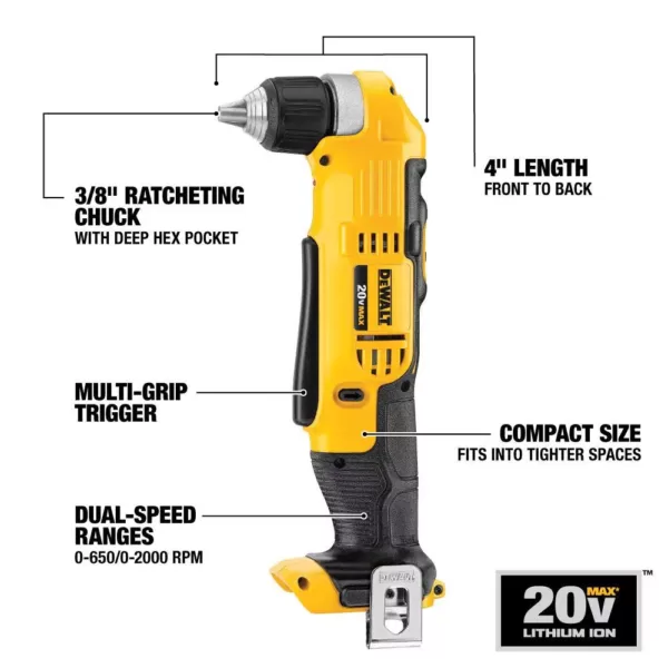 DEWALT 20-Volt MAX Cordless 3/8 in. Right Angle Drill/Driver (Tool-Only)