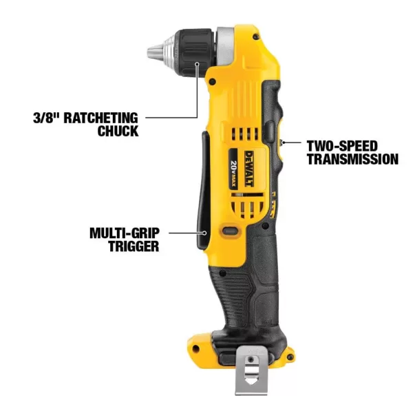 DEWALT 20-Volt MAX Cordless 3/8 in. Right Angle Drill/Driver, (1) 20-Volt 1.3Ah Battery, Charger & Bag