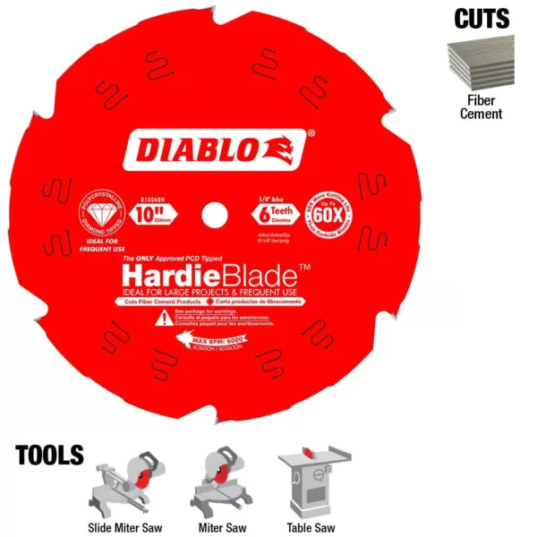 DIABLO 10 in. x 6-Teeth Polycrystalline Diamond (PCD) Tipped James Hardie/Fiber Cement Saw Blade