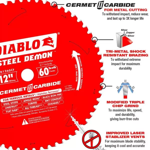 DIABLO 12 in. x 60-Tooth Steel Demon Cermet II Carbide Blade for Ferrous Metals & Stainless Steel