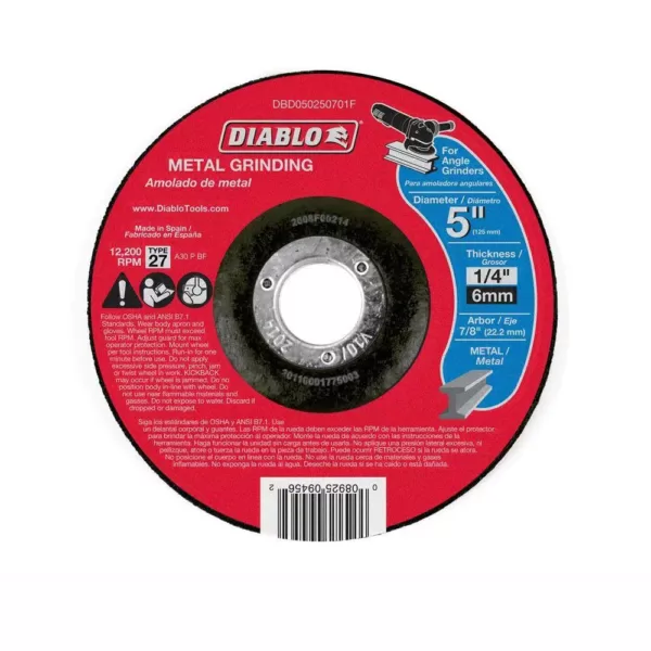 DIABLO 5 in. x 1/4 in. x 7/8 in. Metal Grinding Disc with Type 27 Depressed Center