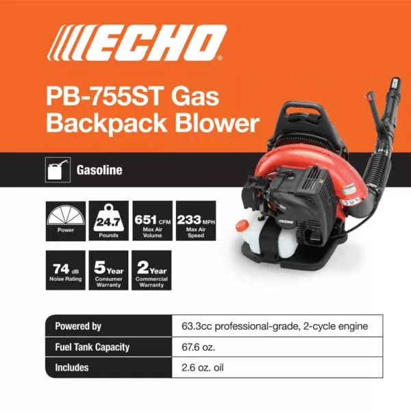 ECHO 233 MPH 651 CFM 63.3cc Gas 2-Stroke Cycle Backpack Leaf Blower with Tube Throttle