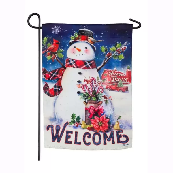 Evergreen 18 in. x 12.5 in. Christmas Barn Snowman Garden Suede Flag