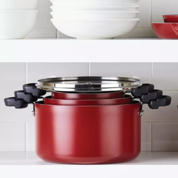 Farberware Neat Nest Space Saving 1.5 qt. Aluminum Nonstick Sauce Pot in Red with Glass Lid