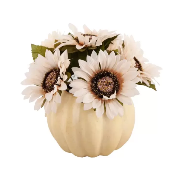 Flora Bunda 10 in. Fall Harvest Artificial Cream White Sunflowers in 7 in. Plastic Foam Pumpkin