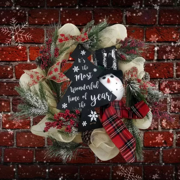 Fraser Hill Farm 20 in. Artificial Christmas Wreath with Snowman, Pinecones, Berries