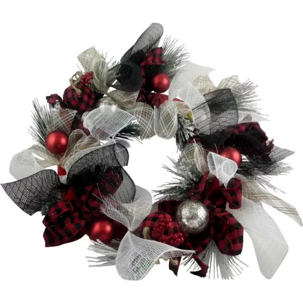 Fraser Hill Farm 20 in. Artificial Christmas Wreath with Ornaments and Buffalo Plaid Bows