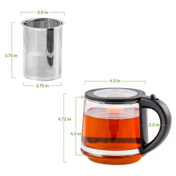 Ovente 3.4-Cup Black Glass Tea Kettle with Tea Infuser for Loose-Leaf Tea, Compatible with KG612S (FGK27B)