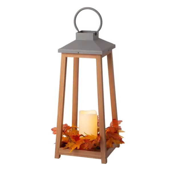 Glitzhome 19.29 in. H Wooden/Metal Led Pillar Lantern with 3 Changeable Candle Rings Spring/Fall/Christmas