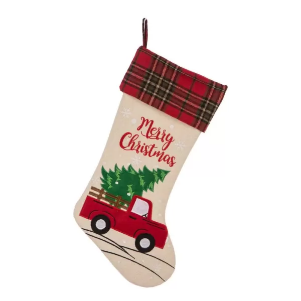 Glitzhome 21 in. L Embroidered Linen Christmas Stocking - Red Truck