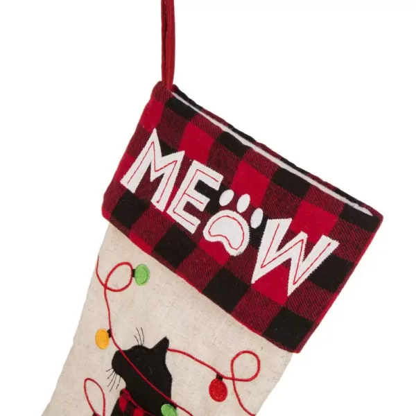 Glitzhome 21 in. L LED Embroidered Linen Christmas Stocking - Cat