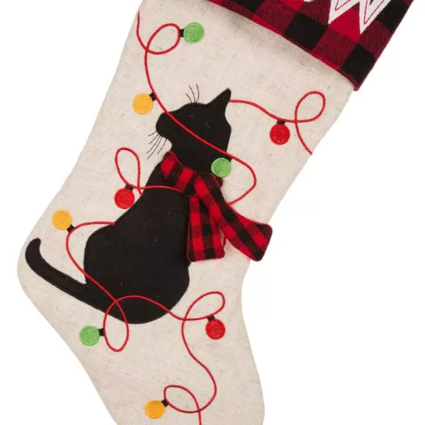 Glitzhome 21 in. Polyester LED Embroidered Linen Cat Christmas Stocking (2-Pack)