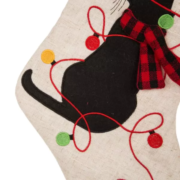 Glitzhome 21 in. Polyester LED Embroidered Linen Cat Christmas Stocking (2-Pack)