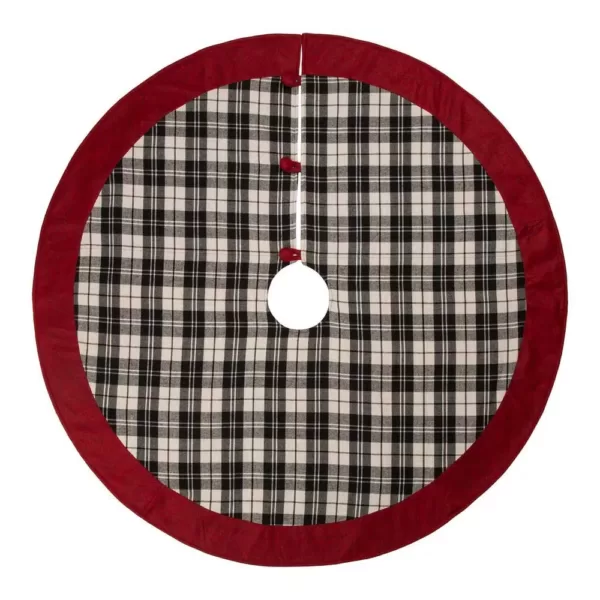 Glitzhome 48 in. D Black and White Plaid Fabric Christmas Tree Skirt with Red Trim