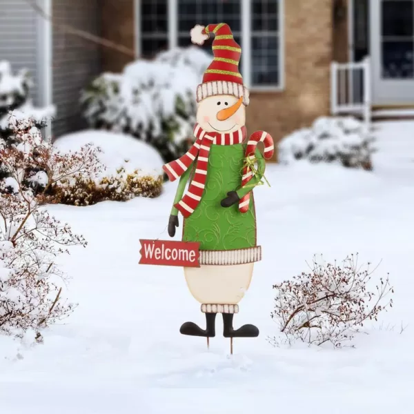 Glitzhome 3 ft. Metal Snowman Yard Stake or Standing Decor or Wall Decor (KD, 3-Function)