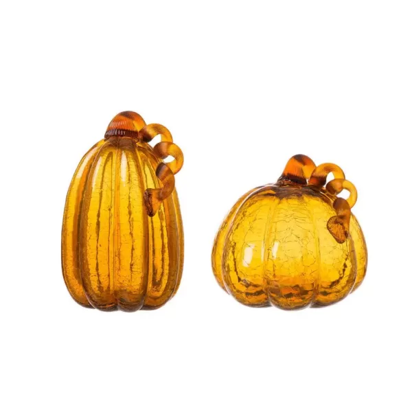 Glitzhome S/2 9.06 in. Amber Crackle Glass Pumpkin