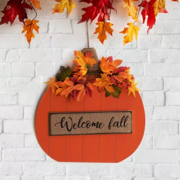 Glitzhome 20.28 in. H Fall Wooden Pumpkin with Floral Standing / Hanging Decor (2-Function)