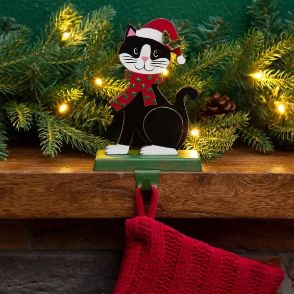 Glitzhome 7.76 in. H Wooden Metal Christmas Stocking Holder Cat