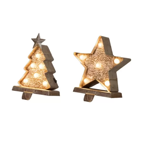 Glitzhome Marquee LED Wooden/Metal Christmas Tree and Star Stocking Holder (Set of 2)