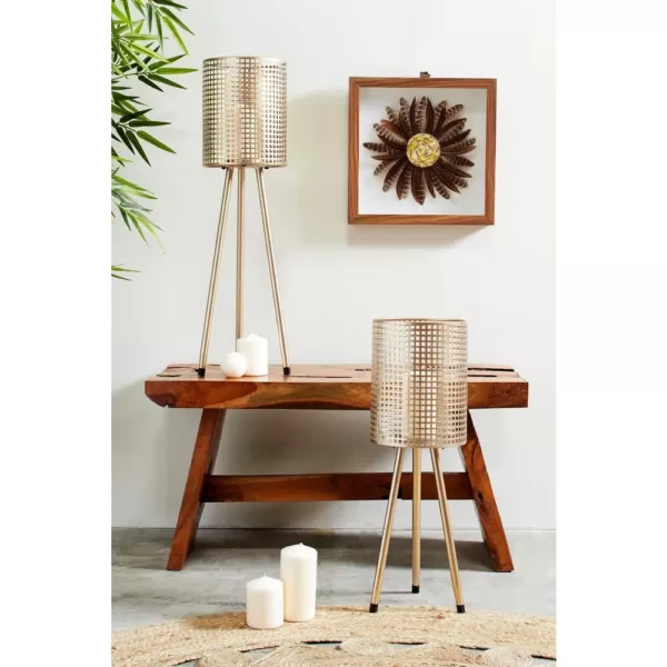 LITTON LANE Tall Cylindrical Gold Mesh Metal Candle Holders on Tripod Bases (Set of 2)