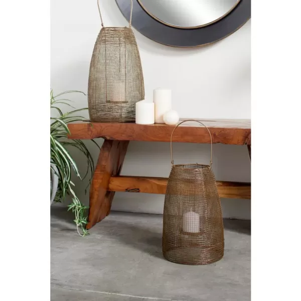 LITTON LANE Large Round Bronze Mesh Metal Lantern Candle Holder with Handle