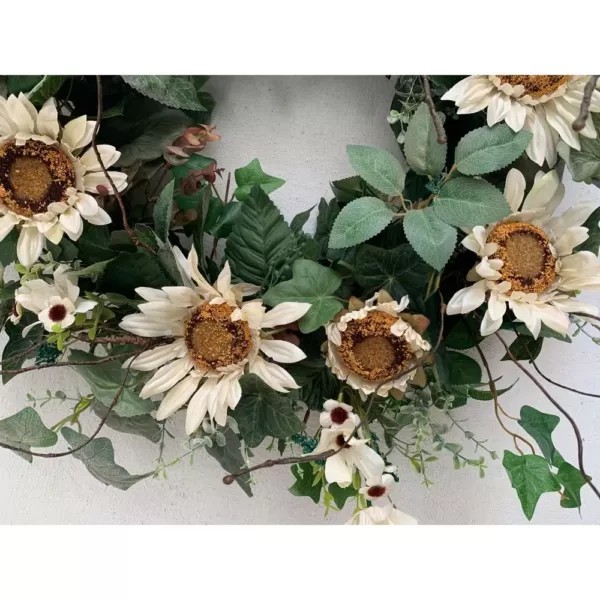 Glitzhome 24 in. Unlit Green Artificial Wreath with White Cream Sunflowers