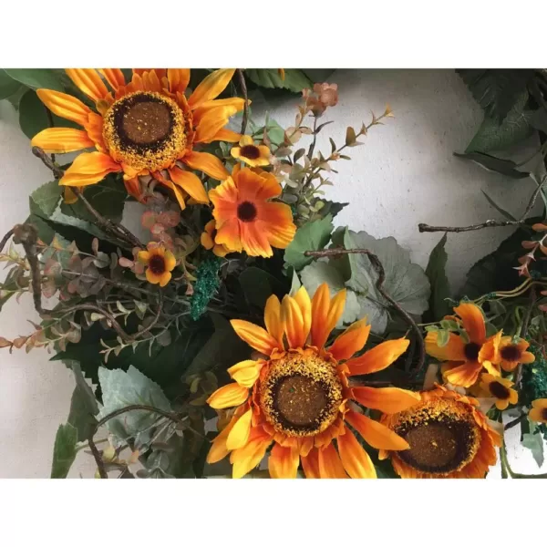 Glitzhome 24 in. Unlit Green Artificial Wreath with Golden Orange Sunflowers