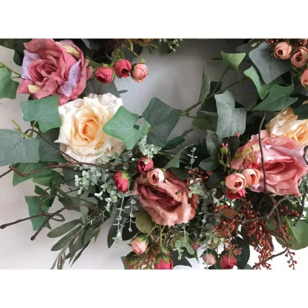 Glitzhome 26 in. Unlit Green Artificial Wreath with Roses