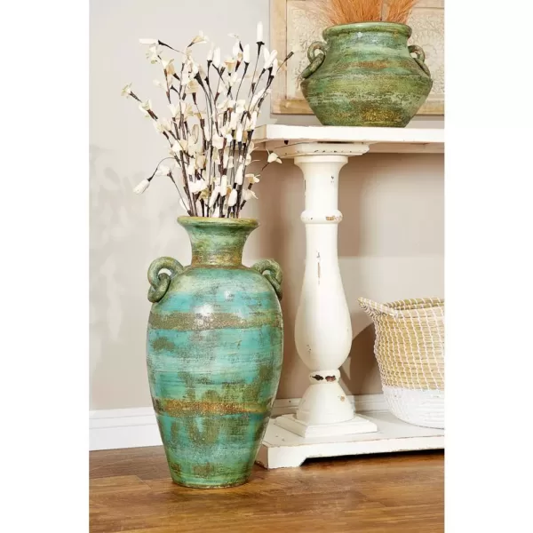 LITTON LANE Distressed Green, Black, and Yellow Terracotta Amphora Decorative Vase