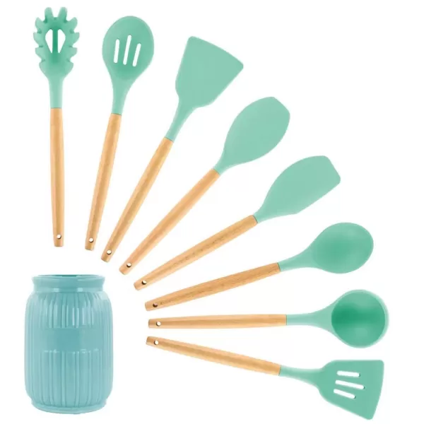 MegaChef Mint Green Silicone and Wood Cooking Utensils (Set of 9)