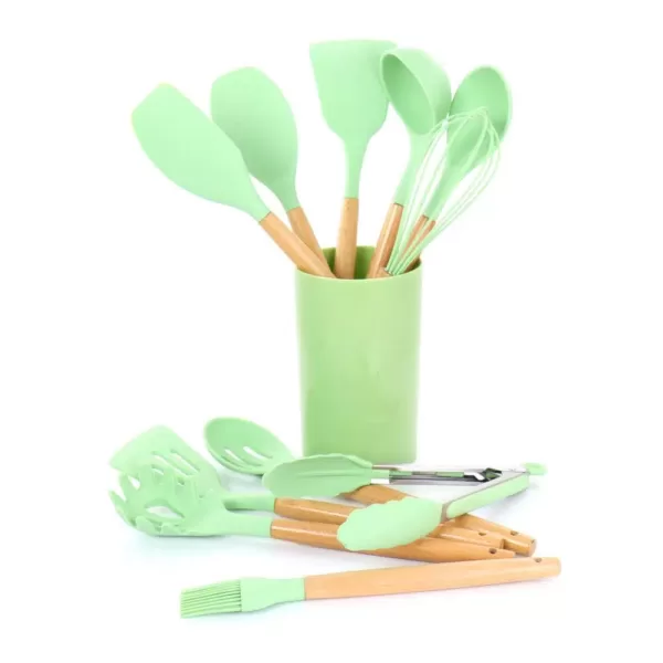 MegaChef Mint Green Silicone and Wood Cooking Utensils (Set of 12)