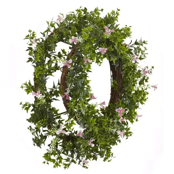 Nearly Natural Mini Ivy and Floral 18 in. Double Ring Wreath with Twig Base