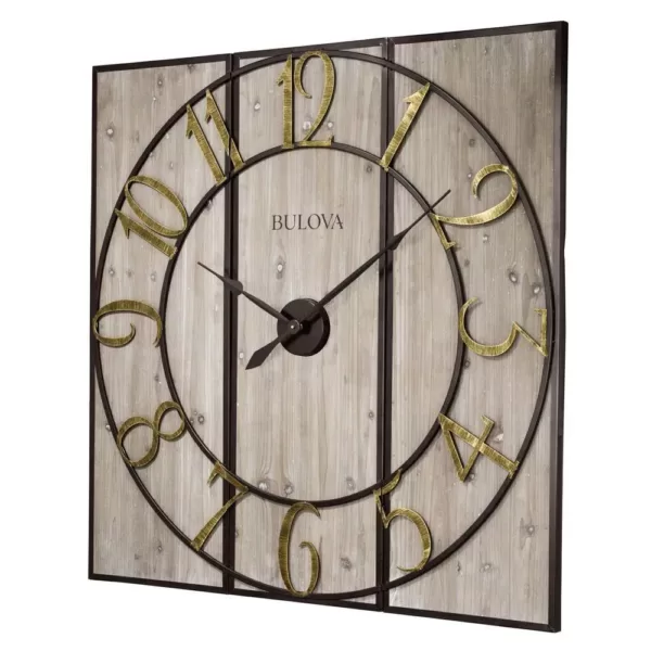 Bulova Oversized 3-Panel Square Gallery Clock with a Weathered Wood