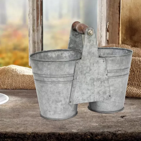 Stonebriar Collection 9 in x 7 in Antique Galvanized Double Bucket with Wood Handle