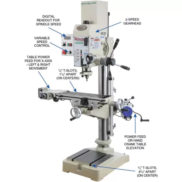 Grizzly Industrial Variable-Speed Gearhead Drill Press with Cross-Slide Table