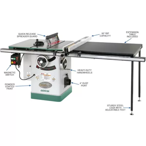 Grizzly Industrial 10 in. 3 HP 220-Volt Cabinet Table Saw with Long Rails and Ri-Volting Knife