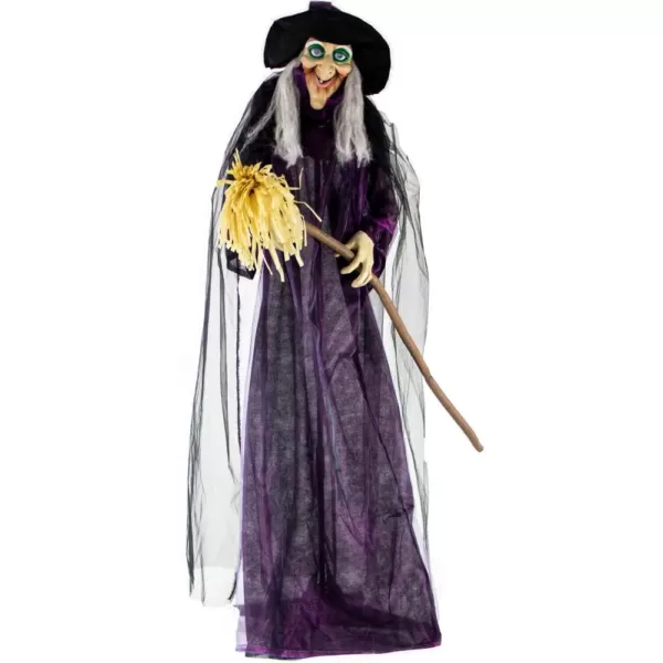 Haunted Hill Farm 6 ft. Animatronic Talking Witch with Broomstick Halloween Prop