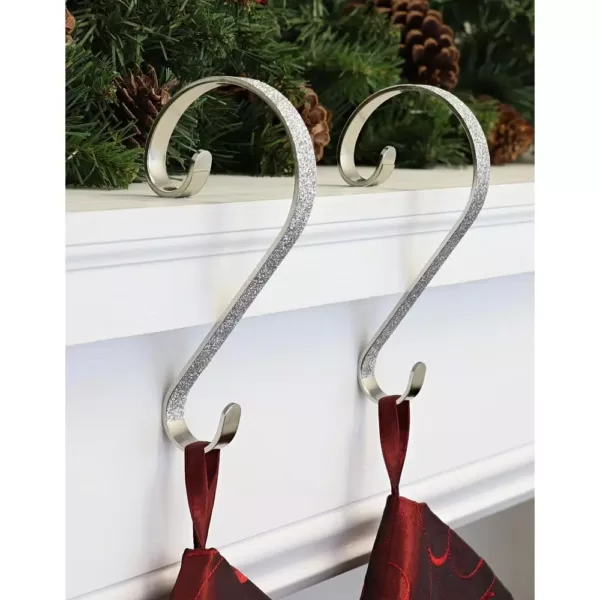 Haute Decor 6 in. Steel Silver Glitter Stocking Scrolls Holders (2-Pack)