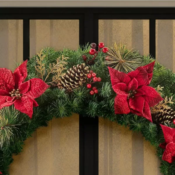 Home Accents Holiday 48 in. Burgundy Poinsettia Mixed Pine Wreath with Berries, Gold Glitter Cedar and Pinecone