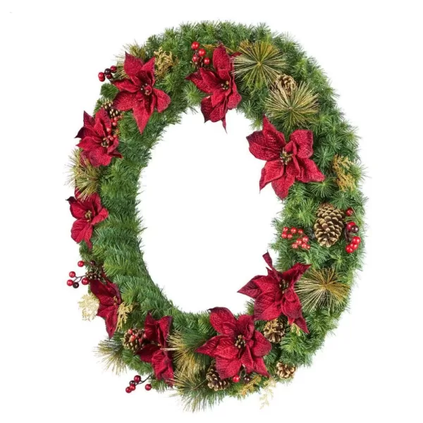 Home Accents Holiday 48 in. Burgundy Poinsettia Mixed Pine Wreath with Berries, Gold Glitter Cedar and Pinecone