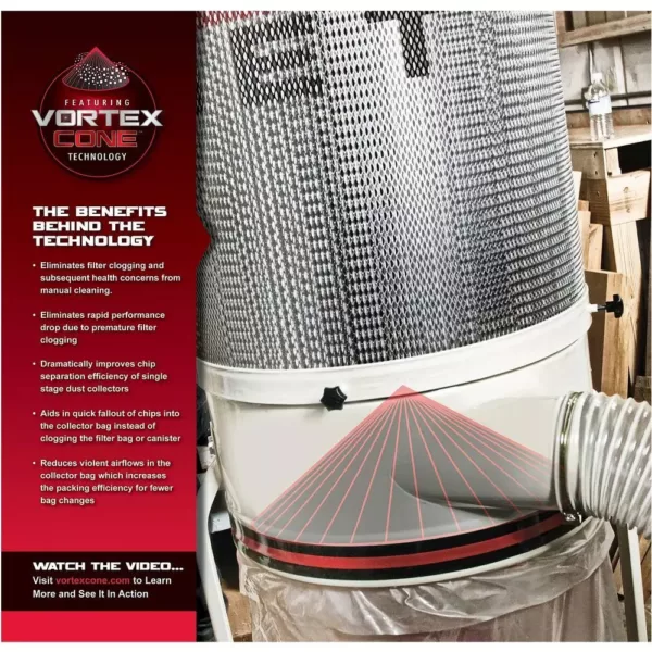 Jet 1.5 HP 1100 CFM 4 or 6 in. Dust Collector with Vortex Cone and 30-Micron Bag Filter Kit, 115/230-Volt, DC-1100VX-BK