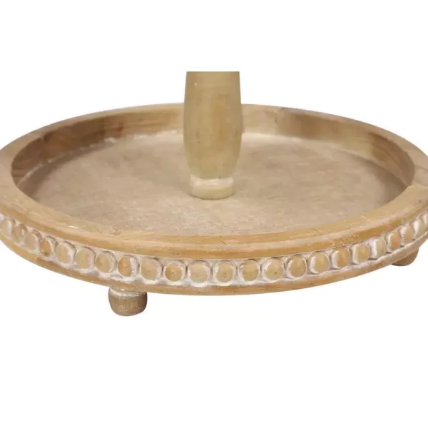 LITTON LANE Tall Natural Beige Wood 2-Tier Round Serving Tray Stand